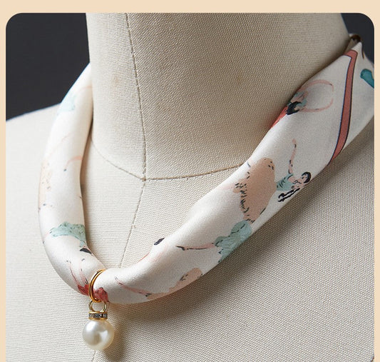 inRealSilk #ZS-1205 40cm 100% Silk Necklace Scarf Soft And Breathable&Fine Printing Hand-Sewn