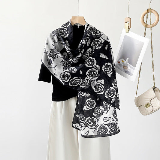 inRealSilk ZS25-Black And White Rose 55cm*170cm 100% Silk Shawls