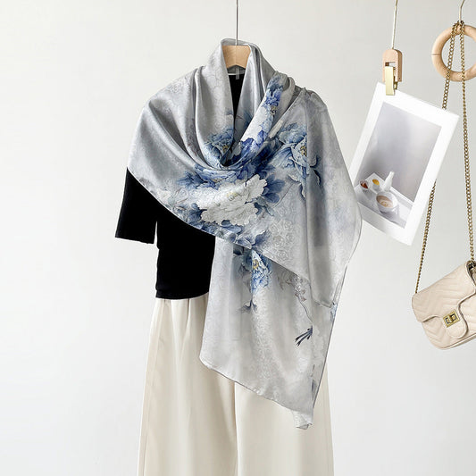 inRealSilk ZS25-Peony Blue 55cm*170cm 100% Silk Shawls