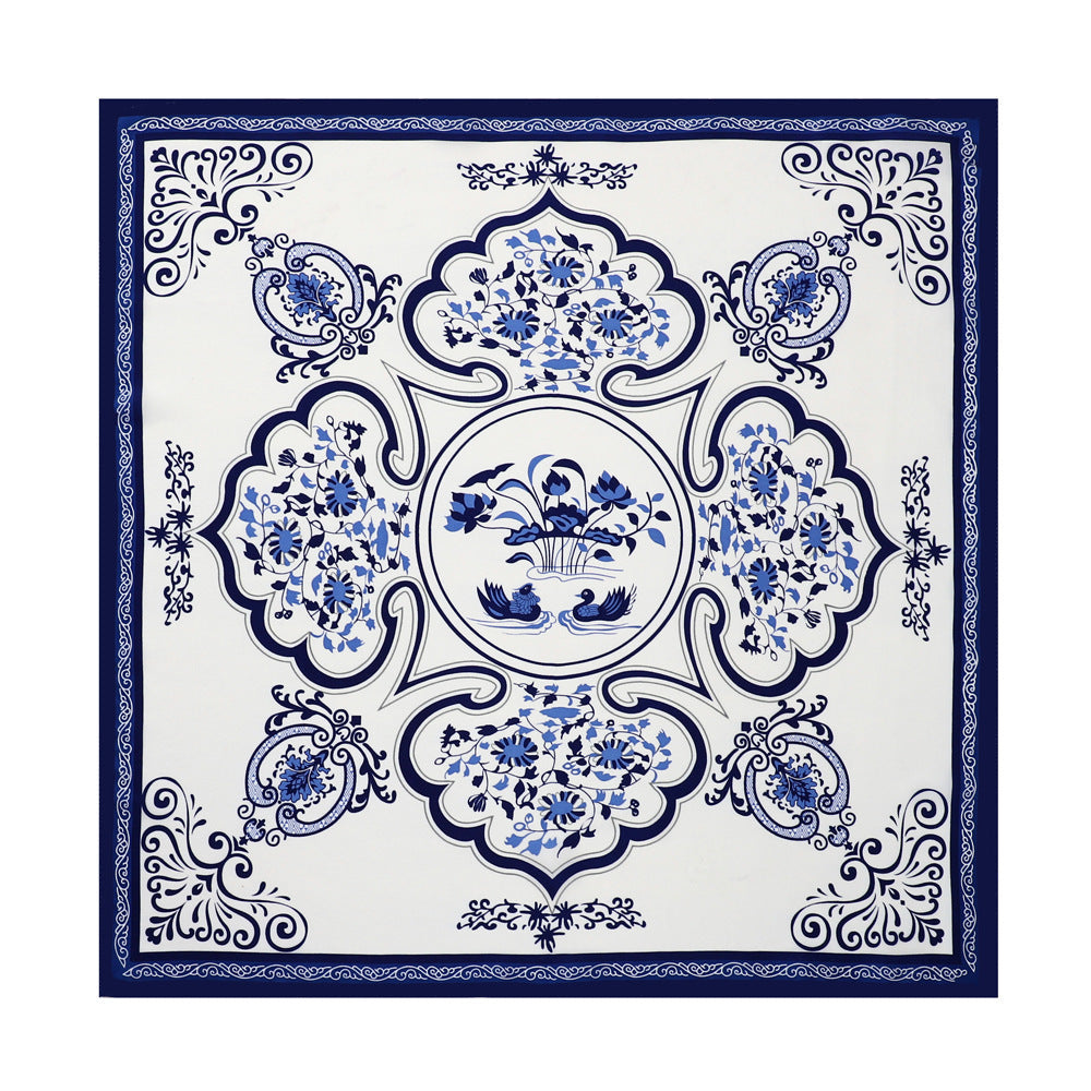 inRealSilk White Background With Blue Flowers 53cm*53cm Print 100% Small Square Silk Scarf Neckerchiefs&Bandana