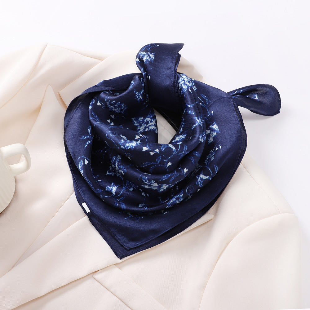 inRealSilk Dark Blue Flower Vine 53cm*53cm Print 100% Small Square Silk Scarf Neckerchiefs&Bandana