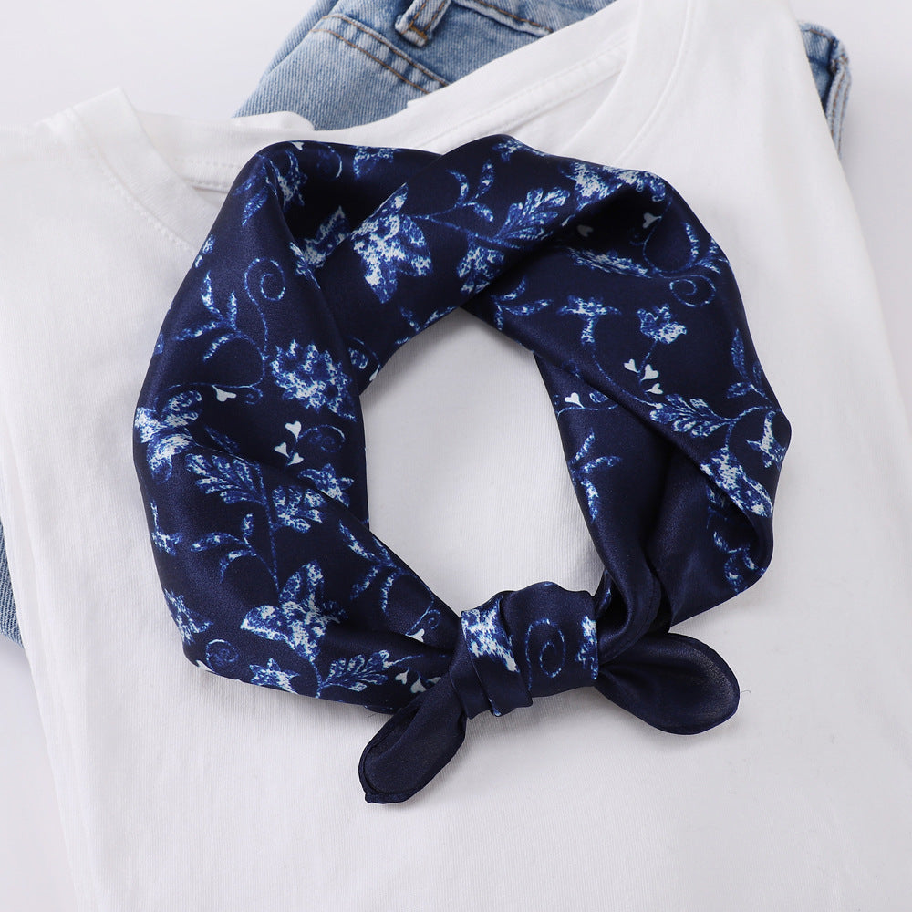 inRealSilk Dark Blue Flower Vine 53cm*53cm Print 100% Small Square Silk Scarf Neckerchiefs&Bandana