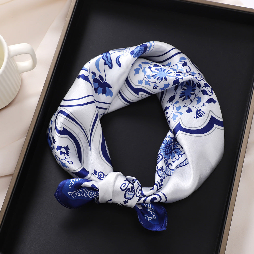 inRealSilk White Background With Blue Flowers 53cm*53cm Print 100% Small Square Silk Scarf Neckerchiefs&Bandana