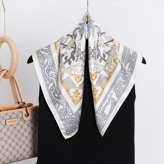 inRealSilk White Trimmed Gray And Gold Flowers 53cm*53cm Print 100% Small Square Silk Scarf Neckerchiefs&Bandana