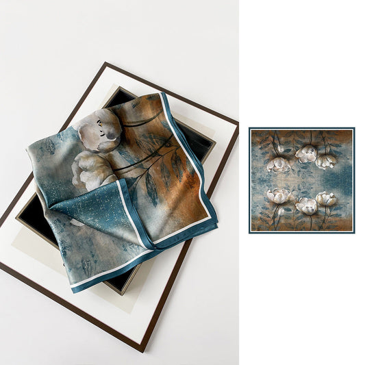 inRealSilk Navy Blue Flower 66cm*66cm 100% Silk Small Square Scarf Small Neckerchief with Suit