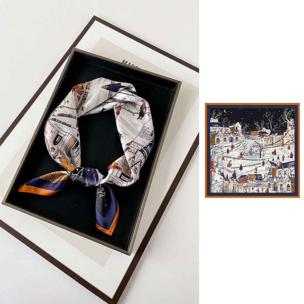 inRealSilk City Night View Black&White 66cm*66cm 100% Silk Small Square Scarf Small Neckerchief with Suit