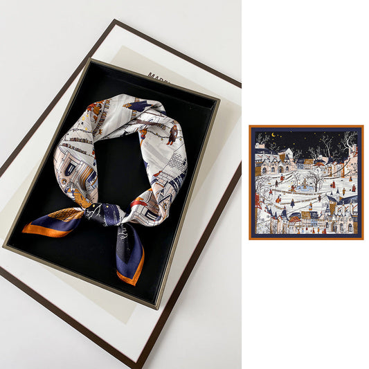 inRealSilk City Night View Black&White 66cm*66cm 100% Silk Small Square Scarf Small Neckerchief with Suit