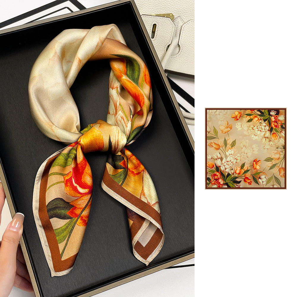 inRealSilk ZS7005-Khaki Flower 66cm*66cm 100% Silk Small Square Scarf Small Neckerchief with Suit