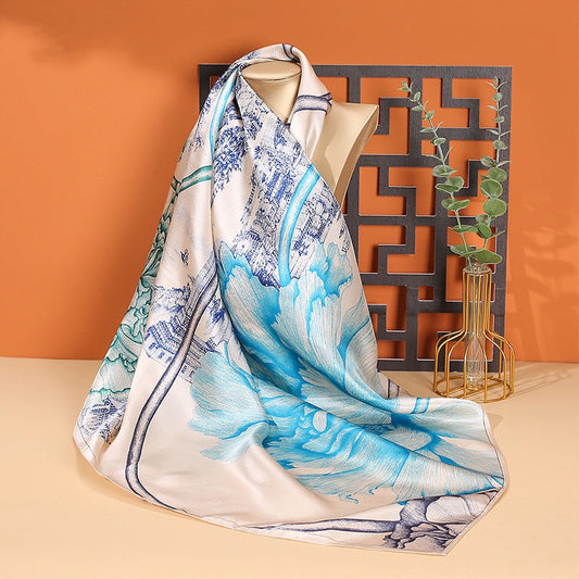inRealSilk Burgundy Blue Lotus  90cm*90cm A Large Square 100% Silk Scarves