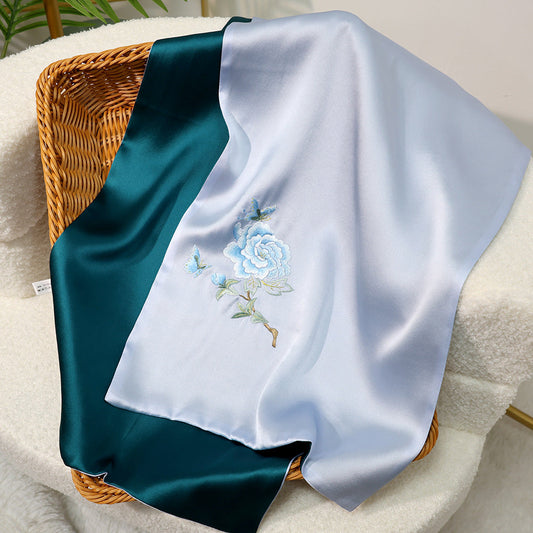 inRealSilk Butterfly Love - Blue 35cm*155cm 100% Silk Long Scarf Fine Hand Embroidery Double Layer 16mm