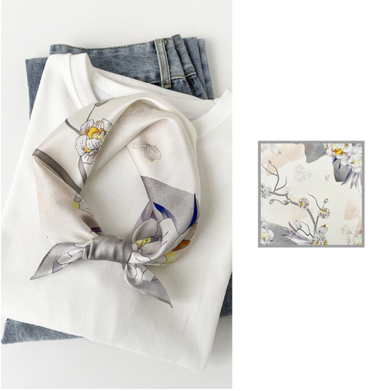 inRealSilk Gray Flower 53cm*53cm Print 100% Small Square Silk Scarf Neckerchiefs&Bandana